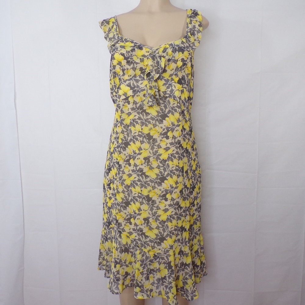 Loft Yellow & Gray Floral Print Dress, Sz 10
